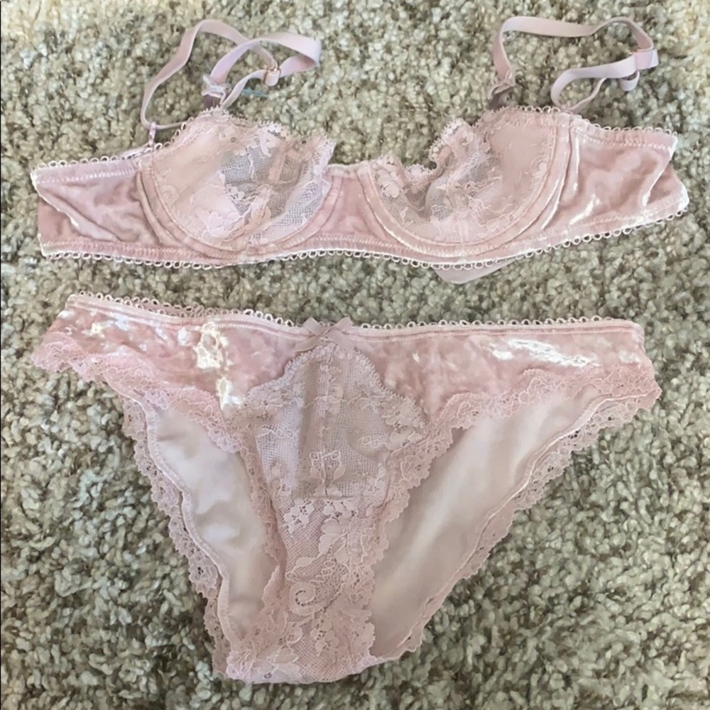 Light pink velvet unlined bra and lacy panties